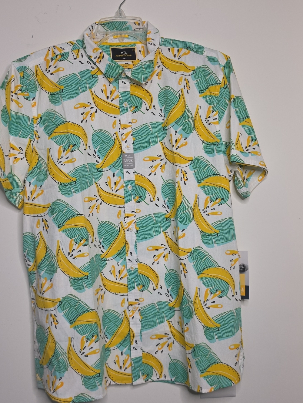 Men's Tropical Banana Print Short-Sleeve Shirt - White/Yellow/Green